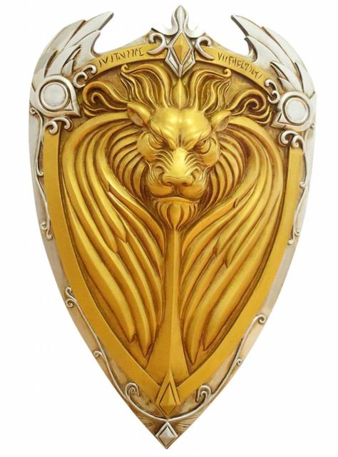 WoW gold-colored shield Shield Design Concept, Shield Tattoo Design, Wolf Shield, Lion Shield, Magic Shield, Warrior Shield, Shield Tattoo, Gold Shield, D D Items