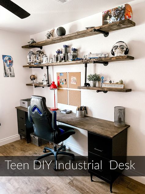 Teen DIY Industrial Desk Diy Industrial Desk With Shelves, Shelves For Boys Rooms, Shelving In Boys Bedroom, Shelves Over Desk Ideas, Lego Display Ideas Office, Industrial Shelves Bedroom, Industrial Grey Bedroom, Industrial Shelving Bedroom, Shelves For Boys Bedroom