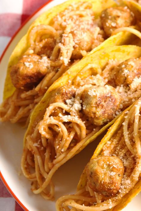 Spaghetti & Meatball TacosDelish Meatball Tacos, Dinner Ideas For Kids, Kid Friendly Meals Dinner, Best Spaghetti, Vegan Dinner Recipes Easy, Ground Chicken Recipes, Easy Vegan Dinner, Weeknight Dinner Recipes Easy, Spaghetti Recipes