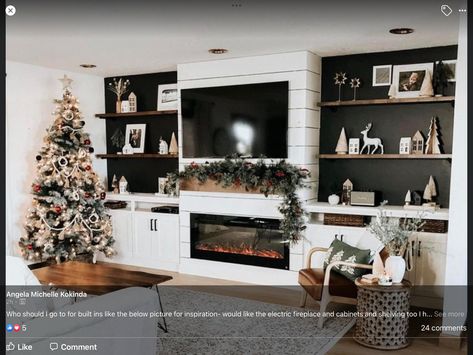 Black Fireplace Bookshelves, Black Fireplace With Shelves, Black Shiplap Fireplace With Built Ins, Black Fireplace With Shelves On Side, Fireplaces With Bookcases On Each Side Shiplap, Shiplap Wall Fireplace With Tv Stand, Fireplace Bookcase, Linear Fireplace, Built In Shelves Living Room