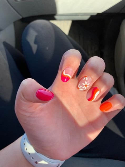 Pink Orange White Nails, Bright Pink And Orange Nails, Orange Spring Nails, Pink White Nails, Teen Nails, Simple Acrylic, Summery Nails, Simple Acrylic Nails, Bright Nails