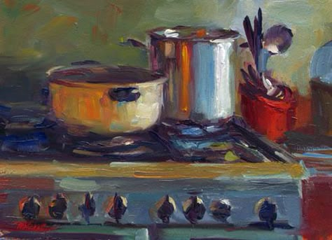 Someone Cooking Reference, Painting Of Kitchen Scenes, Cooking Painting Art, Paintings Of Kitchens, Cooking Art Reference, Kitchen Oil Painting, Cooking Pot Drawing, Cooking Art Drawing, Painting Of A Kitchen