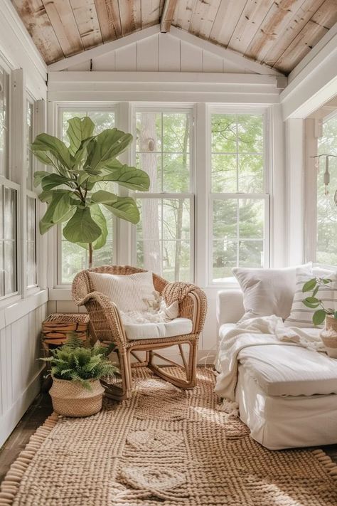 Discover 35 cozy sunroom decorating ideas to create a warm, inviting retreat with plush furniture, warm colors, and charming decor. Sunroom In Bedroom, Long Sunroom Ideas, Japandi Sunroom, Sunroom Decorating Ideas Indoor, Florida Room Ideas, Tropical Sunroom, Small Sunroom Decorating Ideas, Cozy Sunroom Decorating Ideas, Sunroom Furniture Ideas