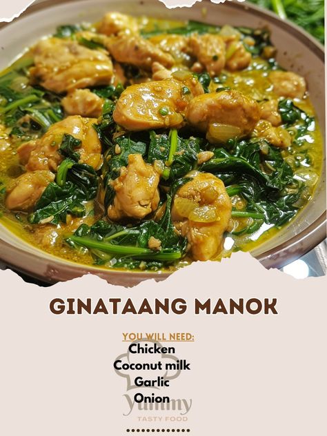 🍛 Savor the creamy delight of Ginataang Manok! 🍗 #FilipinoFavorites #CoconutMilk Ginataang Manok Ingredients: Chicken (500g, cut into pieces) Coconut milk (2 cups) Garlic (4 cloves, minced) Onion (1, chopped) Ginger (1 thumb-sized, sliced) Green chilies (2, sliced) Fish sauce (2 tbsp) Spinach (2 cups) Salt and pepper (to taste) Instructions: Sauté garlic, onion, and ginger until fragrant. Add chicken and cook until lightly browned. Pour in coconut milk and bring to a simmer. Add green chi... Ginataang Manok, Cozy Fall Recipes, Spinach Recipes, Chicken Stir Fry, Minced Onion, Hearty Soups, Green Chilies, Fish Sauce, Savoury Dishes