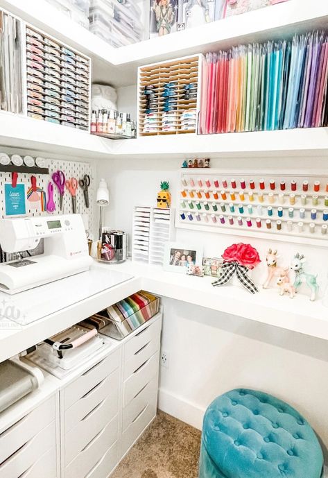 Make a sewing room out of a small space Ink Pad Storage, Ikea Craft Room, Small Craft Rooms, Ikea Crafts, Sewing Room Design, Dream Craft Room, Craft Room Design, Sewing Space, Scrapbook Room