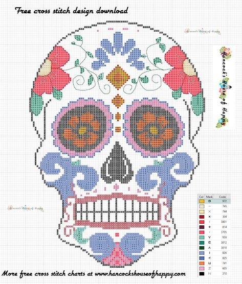 Sugar Skull Crochet Pattern Free, Free Cross Stitch Patterns To Download, Sugar Skull Cross Stitch, Skull Cross Stitch Pattern, Skull Cross Stitch, Cross Stitch Skull, Pokemon Cross Stitch Patterns, Primitive Cross Stitch Patterns, Elephant Cross Stitch