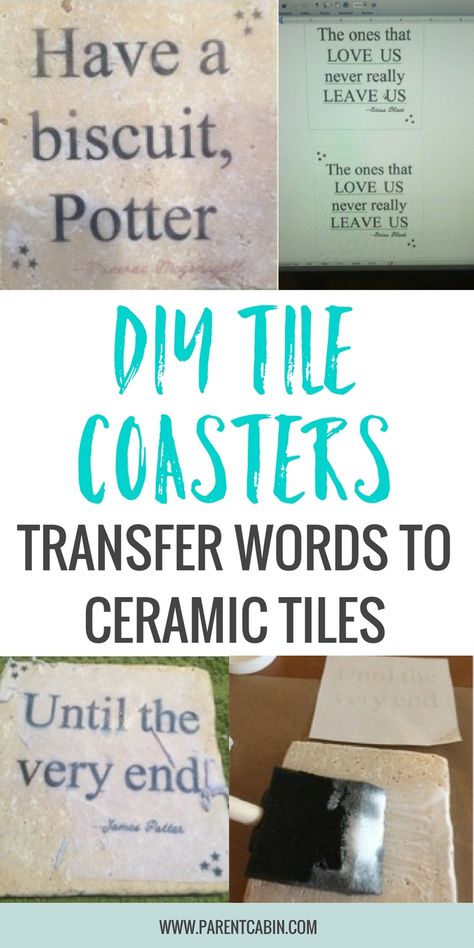 DIY Tile Coasters: Transfer Words Onto Ceramic Tiles • Parent CabinParent Cabin Tile Coasters Diy, Cricut Coasters, Diy Tile Coasters, Random Diys, Ceramic Tile Crafts, Coasters Tile, Diy Coasters Tile, Ceramics Tile, Homemade Coasters