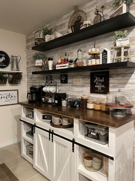 Kitchen Server Decor Buffet, Coffee Bar Ideas Station Small Farmhouse, Farm Coffee Bar, Coffee Bar Design Farmhouse, Large Coffee Bar In Kitchen, Extra Kitchen Cabinets, Shiplap Coffee Bar Wall, Large Coffee Bar Ideas, New House Decorating Ideas Living Room