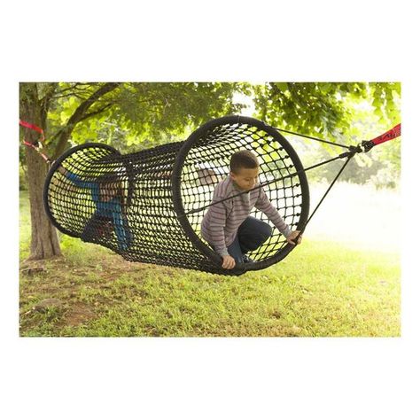 This woven active play zone offers endless hours of strength-building fun, as well as an airy place to relax. Woven from heavy-duty, weather-resistant polyester rope, tunnel hangs between two trees with ratchets (included). Adult supervision and installation required. Rope Bridge, Play Tunnel, Tree Fort, Diy Playground, Kids Outdoor Play, Natural Playground, Playground Design, Backyard Playground, Backyard Play