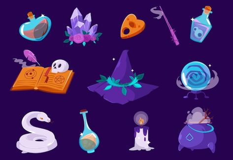 Cartoon magic items, elements, isolated ... | Free Vector #Freepik #freevector Gacha Magic, Snake Witch, Wizard Drawings, Factory Illustration, Magic Doodle, Frog Logo, Hat Burning, Crystal Globe, Fairytale House