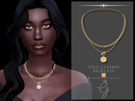 Gold Layered Necklace | Patreon Sims Necklace Cc, Sims 4 Cc Jewelry Necklaces, Gold Necklace Layered, Chunky Necklace, Coin Pendant, Tag Necklace, Sims 4 Custom Content, Layered Necklaces, Sims 4