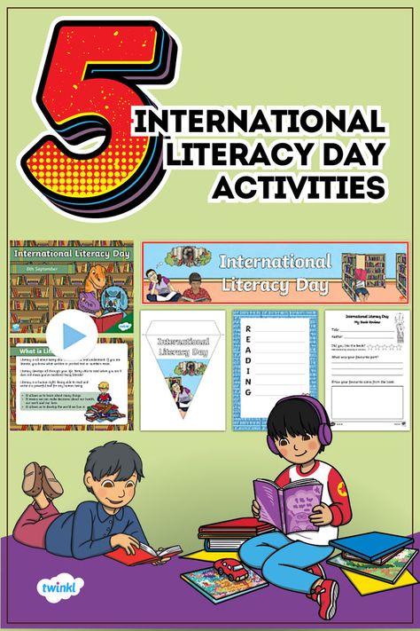 Image shows a preview of the 5 International Literacy Day activities in this pack. There is the illustration of two children reading. World Literacy Day, Acrostic Poem Template, International Literacy Day, Key Stage 2, Literacy Day, Acrostic Poem, Display Banners, English Resources, Literacy Lessons