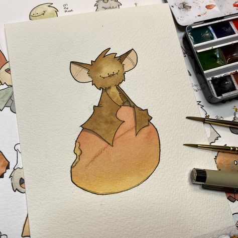 Wingsly, the vampire fruit bat, quite content atop a freshly taken down Georgia peach moments before a nectar coma settles in. . . . . . . . . #monster #character #illustration #kidlit #kidlitart #cultist #creature #sketchbook #watercolor #bat #fruit #vampire Fruit Vampire, Mythical Creatures Drawings, Sketchbook Watercolor, Mouse Drawing, Fruit Bat, Sketch Daily, Watercolor Fruit, Cute Bat, Creature Drawings