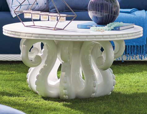 A stunning round outdoor table with a pedestal base sculpted to resemble the eight curling arms of an octopus. Coffee Table Unique, Round Outdoor Table, Octopus Decor, White Coffee Table, Octopus Design, Octopus Tentacles, Beachy Decor, Grandin Road, Lounge Design