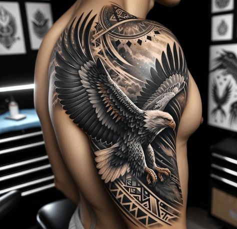 Shoulder Tattoo Cover Up, Eagle Tattoos Men, Eagle Back Tattoo Men, Eagle Sleeve Tattoo Men, Eagle Tattoo Ideas For Men, Cool Eagle Tattoo, Half Arm Tattoo Men, Eagle Leg Tattoo, Upper Back Tattoo Men Ideas