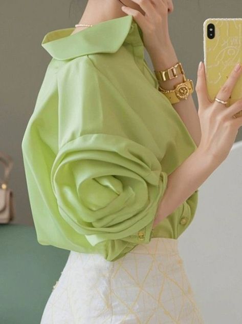 Cool Color Clothes, High Neck Low Back Dress, Designer Shirts Women, Summer Office Attire Women, Basic Top Outfit, Shirt Top Design, Pink And Green Outfit, Petal Sleeves, Shirt Collar Pattern