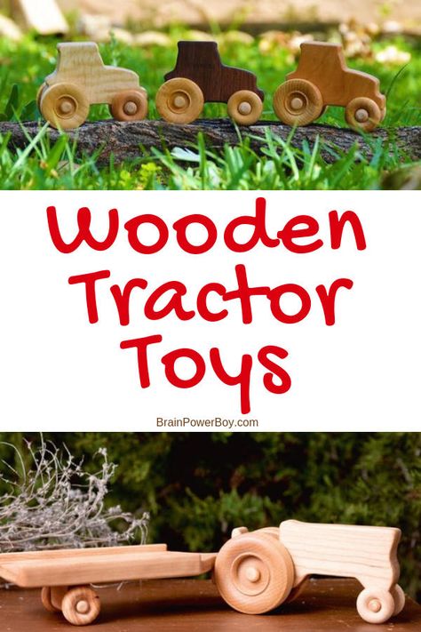 These handmade wooden tractor toys are a must see. Great for open-ended play they will be used for years and years. If you like natural wood toys, you will love these tractors. They are just wonderful! Hand Made Toys For Boys, Make Wood Toys, Wooden Toy Tractor, Wooden Toy Patterns Free, Diy Wooden Toys Plans, Wooden Tractor, Wood Toys Diy, Woodworking Plans Toys, Wooden Toys Diy