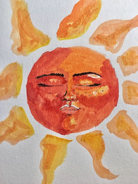 Watercolor sun 70s Watercolor Paintings, Sun Aesthetic Painting, Cool Watercolor Ideas Trippy, Indie Watercolor Art, Hippie Watercolor Painting, Sun Watercolor Painting, Funky Watercolor Art, Trippy Watercolor Art, Grunge Watercolor Art