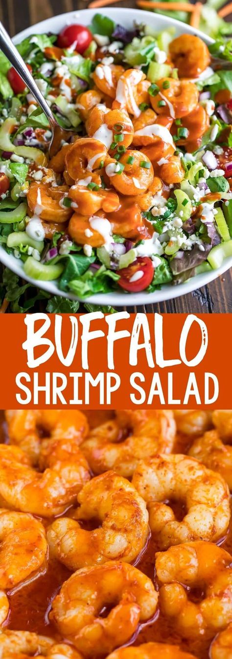 Buffalo Shrimp Salad is a home-run salad that doubles as a meal! Fresh leafy greens are topped with crisp veggies, saucy Buffalo shrimp, creamy Ranch dressing, and blue cheese crumbles. #shrimp #seafood #pescatarian #buffalosauce #buffaloshrimp #salad #saladbowl #glutenfree #lowcarb #keto #ketorecipes #tomato #lettuce #celery #bluecheese Hooters Buffalo Shrimp Recipe, Buffalo Shrimp Salad, Shrimp Appetizers Easy, Buffalo Shrimp Recipes, Shrimp Dip Recipes, Blue Cheese Crumbles, Shrimp Lettuce Wraps, Buffalo Shrimp, Flavorful Shrimp