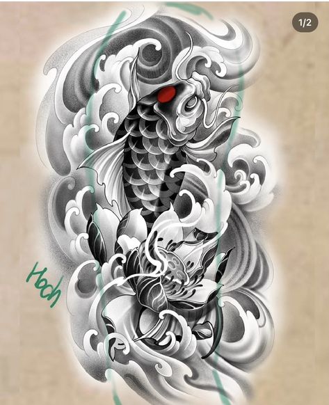 Japanese Half Sleeve Tattoo, Dragon Koi Tattoo Design, Japanese Fish Tattoo, Koi Fish Tattoo Design, Traditional Japanese Tattoo Sleeve, Dragon Eye Drawing, Tortoise Tattoo, Shoulder Armor Tattoo, Black Dragon Tattoo