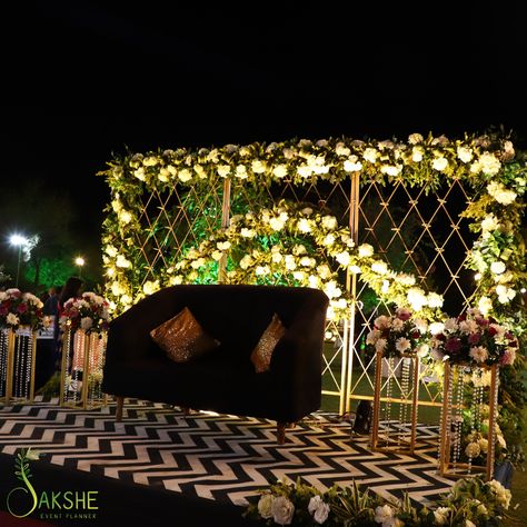 Sangeet Bride Groom Stage Bride Groom Seating For Sangeet, Sangeet Sitting For Bride And Groom, Sangeet Bride, Haldi Shoot, Sangeet Stage, Couple Seating, Engagement Stage, Haldi Decoration Ideas, Haldi Decoration