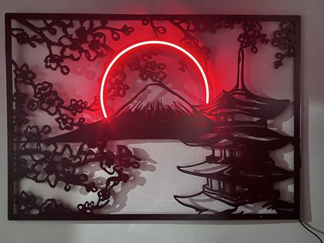 Japanese Anime Bedroom, Asian Home Decor Ideas, Japanese Theme Living Room, Japanese Themed Living Room, Japan Themed Room, Cool Neon Signs Bedroom, Japan Bedroom Aesthetic, Cherry Blossom Room Decor, Japanese Wall Mural