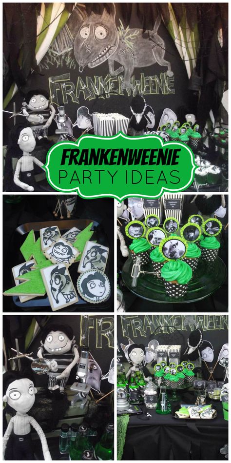 An awesome Frankenweenie themed party with desserts inspired by Tim Burton's movie colors and characters!  See more party planning ideas at CatchMyParty.com! Frankenweenie Party Ideas, Frankenweenie Birthday Party, Frankenweenie Decorations, Tim Burton Themed Party Decorations, Tim Burton Food, Frankenweenie Party, Tim Burton Party Decorations, Tim Burton Birthday Party, Tim Burton Themed Party