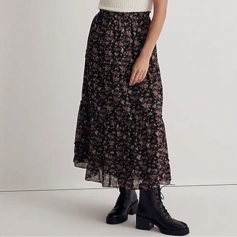 Madewell Black With Purple And Green Floral Pattern Crinkle Georgette Tiered Maxi Skirt In Blurred Blooms With Interior Lining And Elastic Waistband. Brand New With Tag; Never Worn. Size Xxs Flat Lay Waist Approx 12.75" Length Approx 33.5" Re Madewell Skirt, Green Floral Pattern, Black Maxi Skirt, Tiered Maxi Skirt, Floral Maxi Skirt, Purple And Green, Black Maxi, Winter 2024, Western Outfits