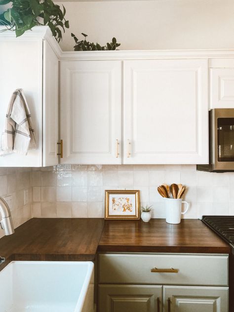 Kitchen Adhesive Tiles, Boho Farmhouse Backsplash, Small Tile Kitchen Backsplash, Zellige Tile Butcher Block, Tile All The Way To Ceiling In Kitchen, Neutral Kitchen Butcher Block, Neutral Color Kitchen Backsplash, Kitchen Tile And Backsplash Ideas, Kitchen Half Backsplash