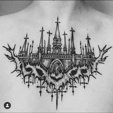 Castle Shoulder Tattoo, Castle Neck Tattoo, Castle Chest Tattoo, Cathedral Chest Tattoo, Catacombs Tattoo, Cathedral Back Tattoo, Cathedral Tattoos, Cathedral Tattoo Design, Gothic Castle Tattoo