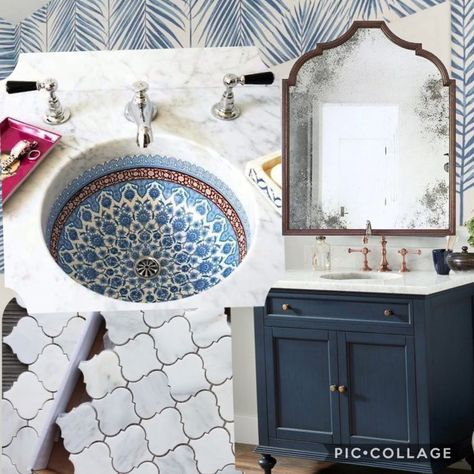 Blue Spanish Bathroom, Greek Bathroom Ideas, Moroccan Tile Bathroom, Spanish Bathroom, Cat Bathroom, Mediterranean Bathroom, Moroccan Bathroom, Moroccan Sink, Sink Decor