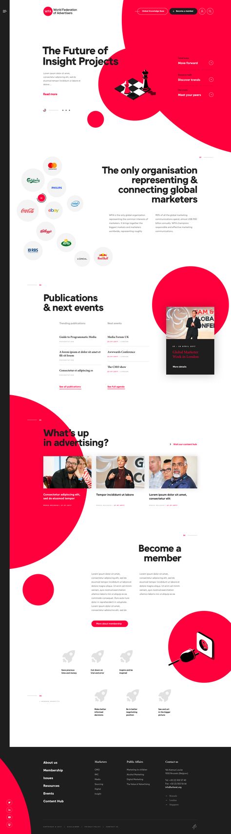 Wfa homepage full by dogstudio Circles Website Design, Red Theme Website Design, Circular Website Design, White Background Website Designs, Website Design With Circles, Red And White Website Design, Circle Web Design, Circle Website Design, Circle Layout Design