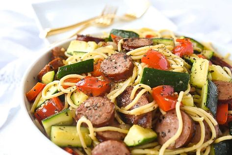 Vegetable Pasta with Spinach | by Leigh Anne Wilkes Pasta With Vegetables And Sausage, Sausage Vegetable Pasta, Sausage And Vegetable Pasta, Sausage And Tomato Pasta, Kielbasa Pasta, Vegetable Pasta Recipes, Sausage Salad, Fun Boots, Smoked Sausage Pasta