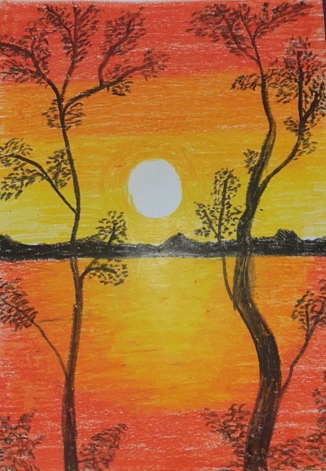 Sunrise Oil Pastel, Bright Sunset, Landscape Painting Tutorial, Oil Pastel Paintings, Pastel Painting, Painting Tutorial, Landscape Painting, Oil Pastel, Landscape Paintings