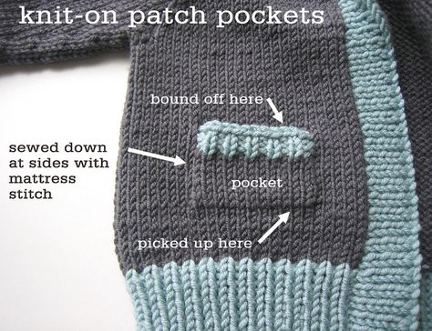 How to pick up and knit on patch pockets Knitting Pockets, Gramps Cardigan, Pick Up And Knit, Knitting Tricks, Pocket Tutorial, Knitting Help, Knitting Tutorials, Knitting Tips, Toddler Sweater