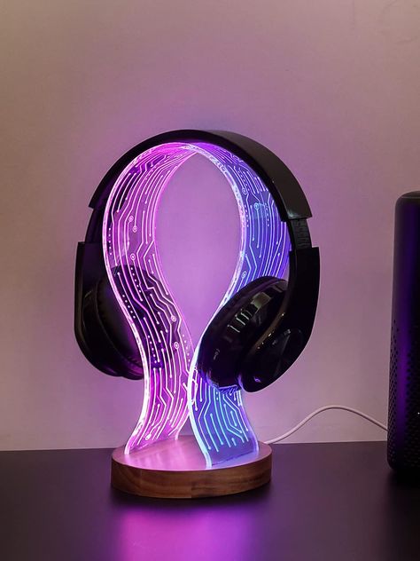 YuanDian Headphone Stand, Walnut Wood Headset Holder with Blue Pink LED Night Light for Gamers, Men, and Music Lovers - Perfect Desk Gift Idea Acrylic Headphone Stand, Headphone Holder Wood, Head Phone Stand, Music Gifts Diy, Light Up Headphones, Headphone Display, Headphones Holder, Led Headphones, Headphones Stand