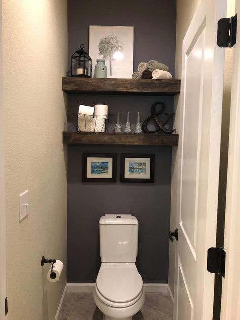 Small Bathroom Ideas Sink In Front Of Toilet, Wood Shelves Above Toilet, Behind Toilet Accent Wall, Narrow Half Bathroom Ideas, Water Closet Decor, Small Powder Room Design, Toilet Makeover, Bathroom Remodel Plans, Small Half Bathroom