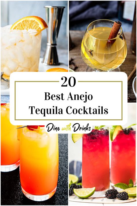 Collage of 4 anejo tequila cocktails. Tequila Añejo Drinks, Anejo Tequila Drinks, Tequila Anejo Cocktails, Easy Tequila Drinks Simple Cocktail Recipes, Don Julio Anejo Drinks Recipes, Anejo Tequila Cocktails Recipe, Reposado Tequila Cocktails, Gold Tequila Cocktails, Tequila Cocktails Recipes