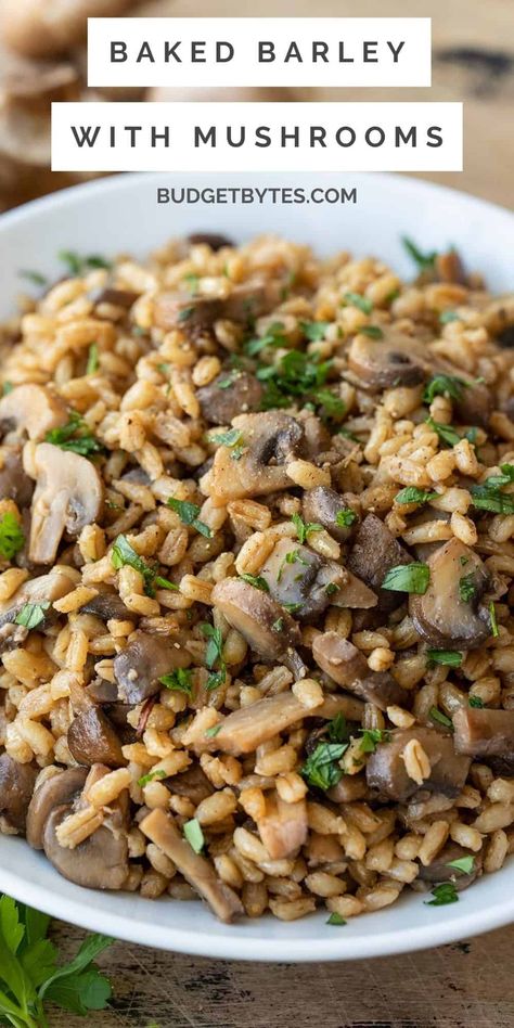 Baked Barley with Mushrooms is a hearty side dish perfect for chilly fall and winter nights and pairs perfectly with roasted meat or stew. BudgetBytes.com Barley Pilaf Recipe, Barley Recipe Healthy, Barley Mushroom, Veg Salads, Meatless Dishes, Barley Recipe, Beef Barley, Rice Side, Budget Bytes