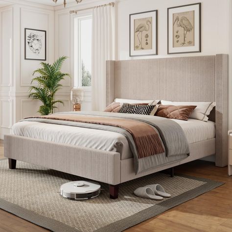 PRICES MAY VARY. [Corduroy Upholstered Bed] The bed frame features an elegant modern design with corduroy fabric skin-friendly, soft & breathable, adding a unique artistic atmosphere & luxury to your bedroom [50"8 Wingback Headboard] Bed frame with high headboard and wide wingback, soft corduroy vertical tufted, provides comfortable back and neck support for reading and resting [Stable & Sturdy Structure] Solid wood feet and 12 wood slats support, ensuring stability and durability of the bed fra Taupe Bed Frame, Grey Upholstered Bed Decor, Amazon Bed Frame, Large Master Bedrooms Decor, Modern King Bed Frame, Bedroom Setup Ideas, Beige Bed Frame, Tall Bed Frame, Modern King Bed