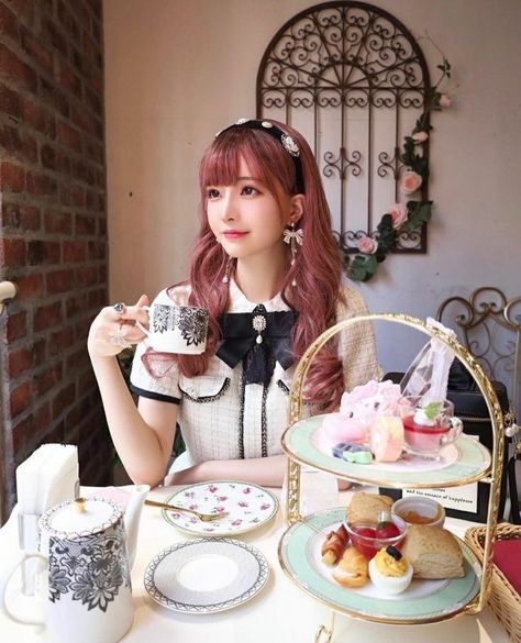 Tea Pose Reference, Eating Cake Pose Reference, Tea Party Reference, Person Leaning On Table Reference, Drinking Tea Pose Reference, Eating Pose Reference, Tea Party Photoshoot, Tea Photoshoot, Japanese Alternative Fashion