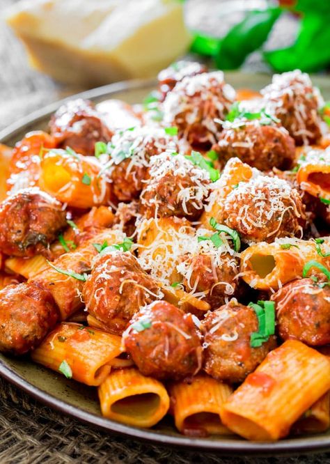 Rigatoni con Polpette and Arrabbiata Sauce - Jo Cooks Pasta And Meatballs, Arrabiata Sauce, Ground Pork Recipes, Homemade Dinner Recipes, Christmas Dinner Menu, Christmas Dinner Ideas, Xmas Dinner, Italian Christmas, Pasta Dinners