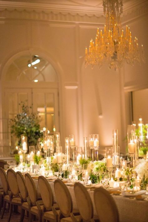 Candlelit Dinner Wedding, All White Wedding Ceremony, Long Wedding Table Decorations, Hungarian Wedding, Candlelit Wedding Reception, Wedding Table Place Settings, Indoor Wedding Reception, Ballroom Wedding Reception, Candlelit Reception