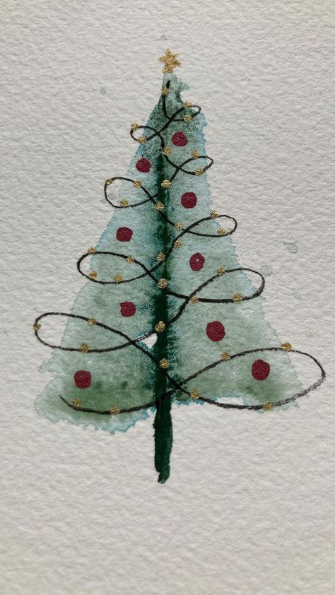 Easy holiday card idea with #watercolor | Instagram Watercolor Doodles Christmas, Watercolour Christmas Cards Diy, Watercolor Christmas Cards Easy, Handmade Christmas Cards Watercolor, Simple Christmas Card Design, Diy Christmas Watercolor Cards, Mistletoe Drawing Easy, Cool Watercolor Ideas Easy, Watercolour Christmas Cards Ideas Easy