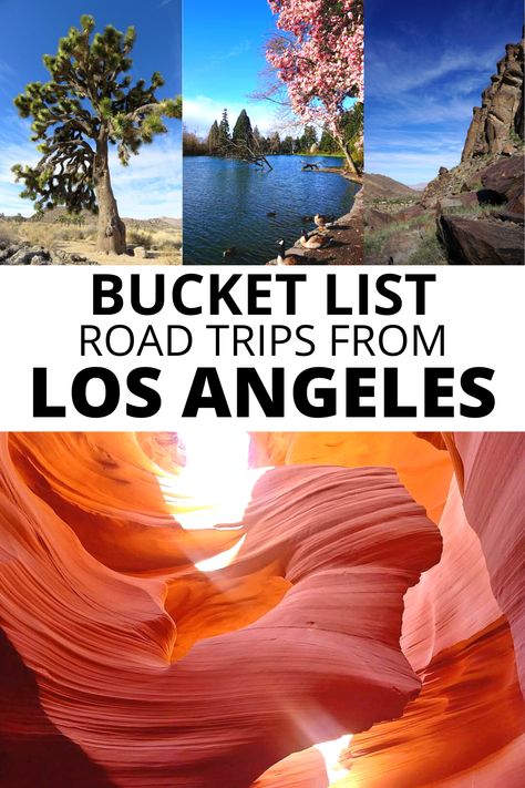 Bucket list road trips from Los Angeles, including Joshua Tree National Park, Portland OR, Palm Springs CA, and Antelope Canyon AZ. Best Road Trips, California Road Trip, California Travel Guide, Usa Destinations, Travel California, Crater Lake National Park, American Road, Us Road Trip, Usa Travel Guide