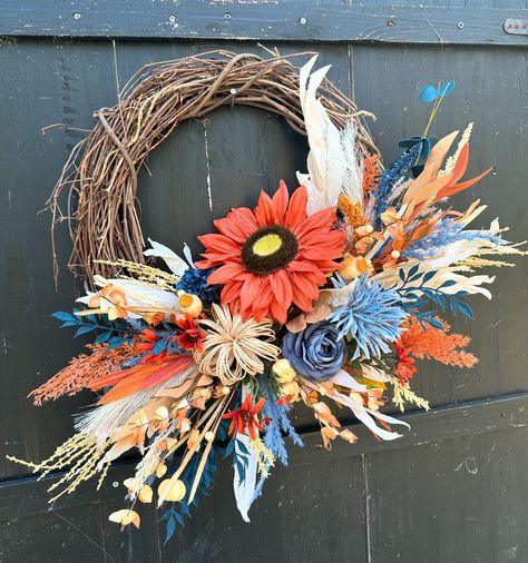 What do you think of this fall wreath design?? I love the corn husks mixed with those rich fall colors and textures. Especially the rust orange and navy blue! And it’s available now! Handmade on 18” grapevine and measures 21”x24” Corn Husks, Autumn Magic, Corn Husk, Rust Orange, Wreath Designs, Blue And Orange, Color Pallets, Fall Wreath, Grape Vines