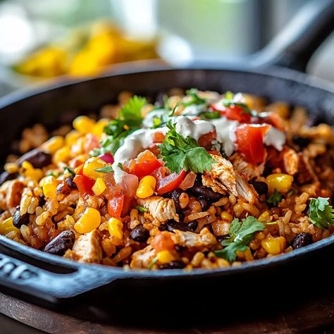 One-Pan Chicken and Rice Taco Skillet | Easy Weeknight Dinner Chicken And Rice Taco Skillet, Chicken Burrito Skillet Recipe, Taco And Rice, Chicken Taco Rice, Chicken Taco Bowl Recipe, Chicken And Rice Skillet, Taco Skillet Recipe, Chicken Rice Skillet, One Skillet Chicken