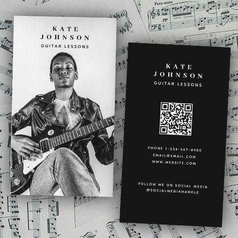 Guitar Lessons Musician Photo Social Media QR Code Business Card Personal Visiting Card Design, Business Card For Musicians, Actor Business Cards, Musician Business Card Ideas, Business Cards For Photographers, Musician Social Media, Business Card Design With Photo, Portrait Business Card, Business Card Photo