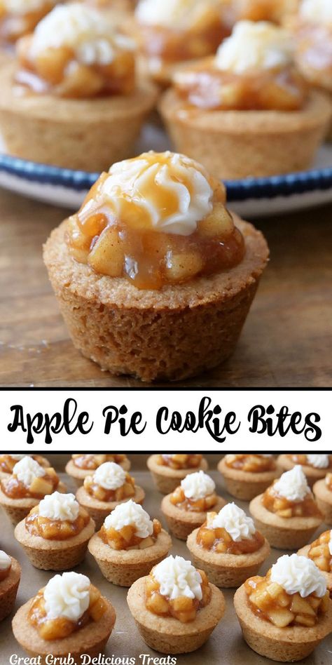 A double collage photo of mini apple pie cookie cups. Winter Cookie Recipes, Apple Pie Cookie Cups, Easy Bite Size Desserts, Tart Apple Pie, Holiday Munchies, Apple Pie Cookie, Canadian Dessert, Finger Desserts, Cookie Cups Recipe