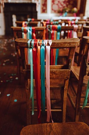 Ribbons At Wedding, Diy Chair Decor, Chair Ribbons Wedding, Colourful Wedding Decorations, Chair Decorations Wedding, Colorful Vintage Wedding, Etsy Wedding Decor, Streamers Wedding, Colorful Wedding Decor